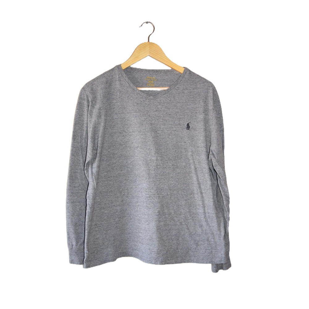 Polo Ralph Lauren V-Neck T-Shirt Womens Medium Grey Good Long Sleeve Pony Logo